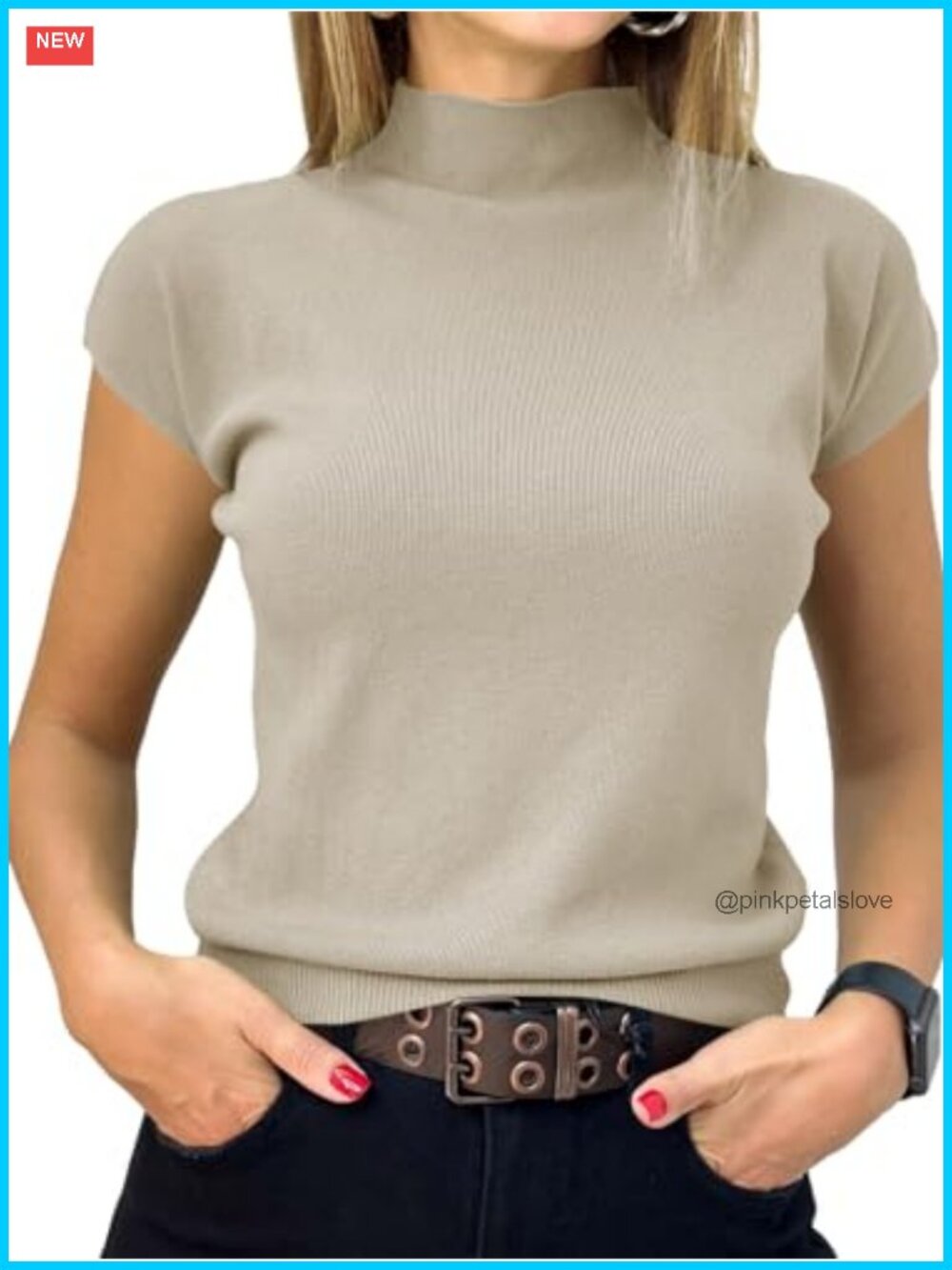 Womens Short Sleeve Mock Neck Ribbed Knit Pullover Sweater Top
